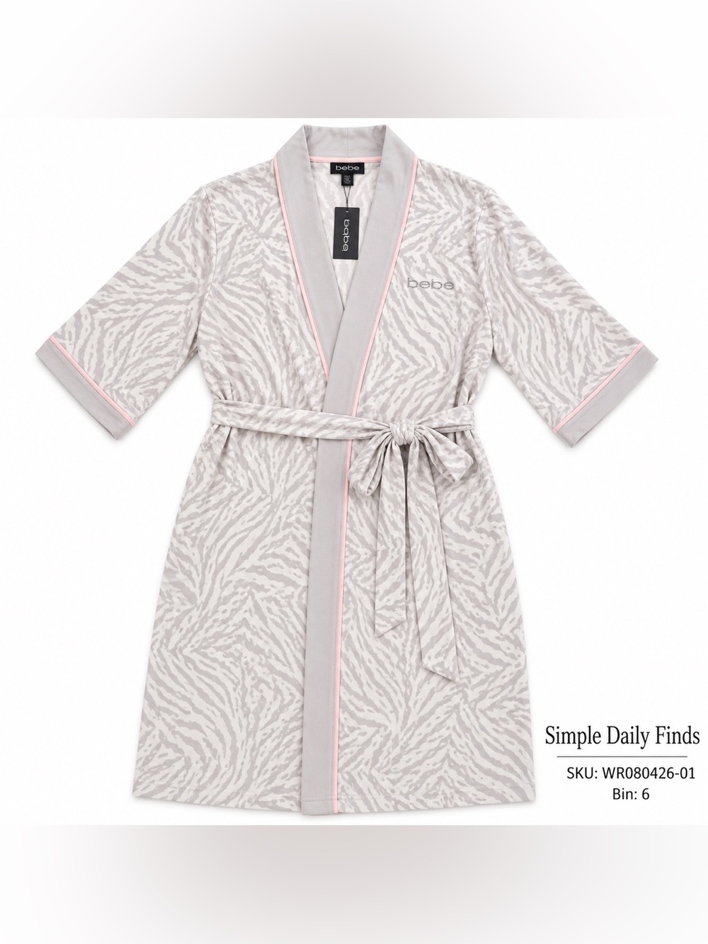 NWT Bebe Women’s 3X Plus Size Animal Print Belted Robe Pink Gray Rhinestone